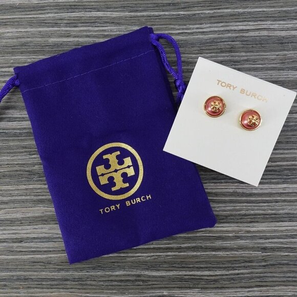Tory Burch Melodie Pearl Logo Stud Dome Earrings Peach Pink/Tory Gold OS - Picture 10 of 12